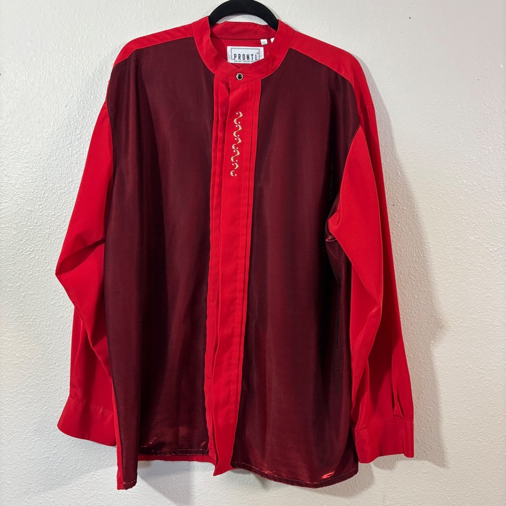 Pronti Collection by Phita Red Mesh Button Up Shirt XXL Mandarin Collar Moon